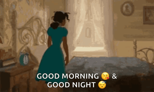A Woman In A Blue Dress Is Standing Next To A Bed With The Words Good Morning And Good Night Written Below Her GIF