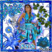 A Woman In A Blue Dress Is Surrounded By Blue Flowers And The Word Hugs GIF