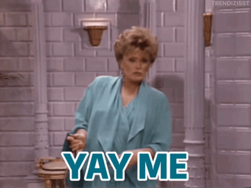 A Woman In A Blue Dress Says Yay Me In Blue Letters GIF