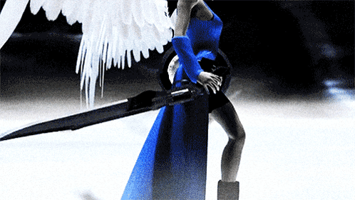 A Woman In A Blue Dress With White Wings Holds A Sword GIF