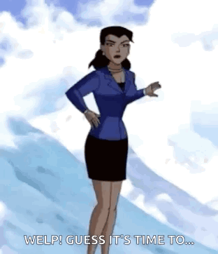 A Woman In A Blue Jacket And Black Skirt Is Standing In Front Of A Snowy Mountain And Talking . GIF