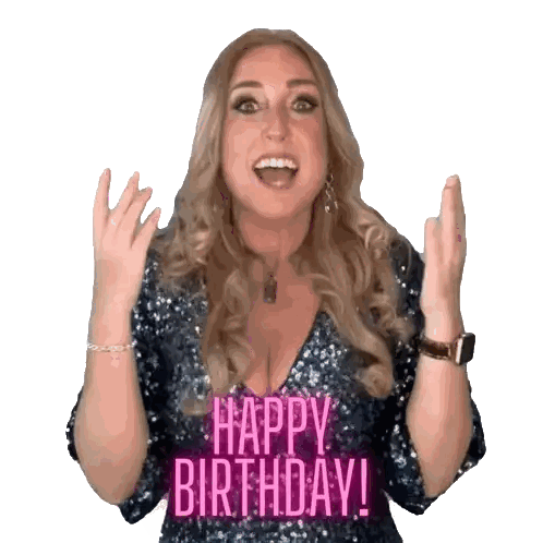 a woman in a blue sequined dress says " happy birthday "