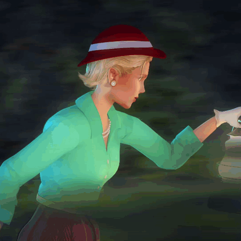 A Woman In A Blue Shirt And Red Hat Holds A Lantern GIF