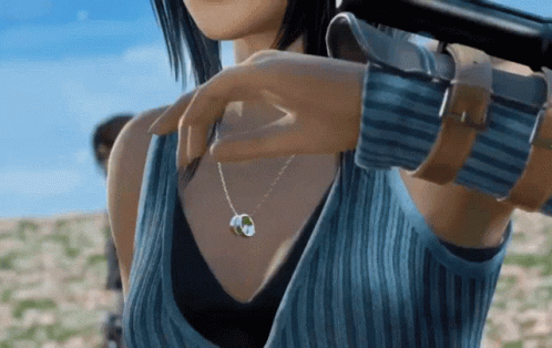 A Woman In A Blue Shirt Is Holding A Gun In Her Hand GIF