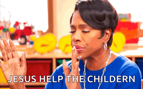 A Woman In A Blue Shirt Is Praying And Says Jesus Help The Childrn . GIF