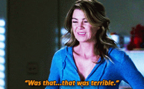 A Woman In A Blue Shirt Is Smiling And Saying " Was That That Was Terrible " GIF