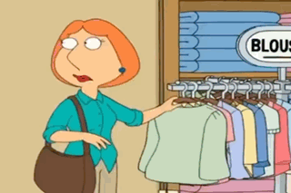 A Woman In A Blue Shirt Is Standing In Front Of A Sign That Says Blouses GIF