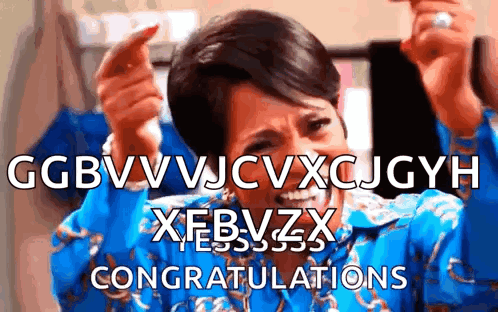 A Woman In A Blue Shirt Says Congratulations On The Screen GIF