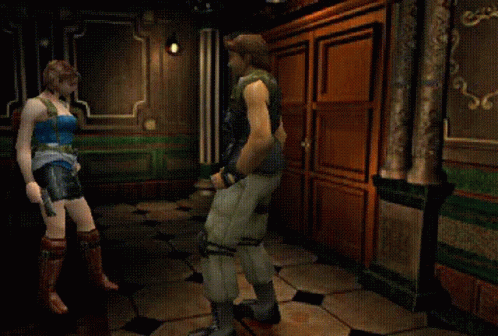 A Woman In A Blue Skirt Is Standing Next To A Man In A Blue Shirt GIF