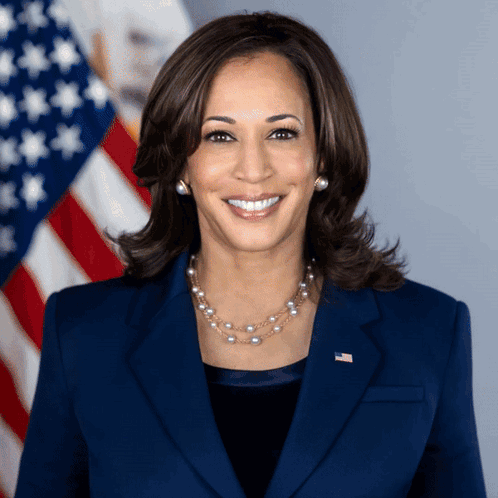 A Woman In A Blue Suit And Pearl Necklace Smiles In Front Of An American Flag GIF