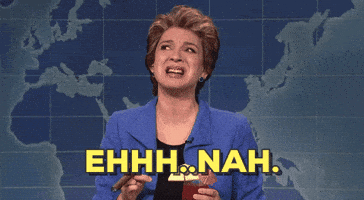 A Woman In A Blue Suit Says Ehhh Nah In Yellow Letters GIF