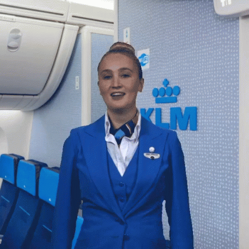 A Woman In A Blue Suit With The Klm Logo On The Wall GIF