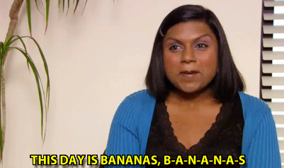 A Woman In A Blue Sweater Says " This Day Is Bananas " GIF