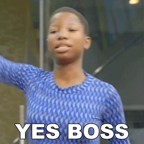 A Woman In A Blue Sweater Says " Yes Boss " GIF