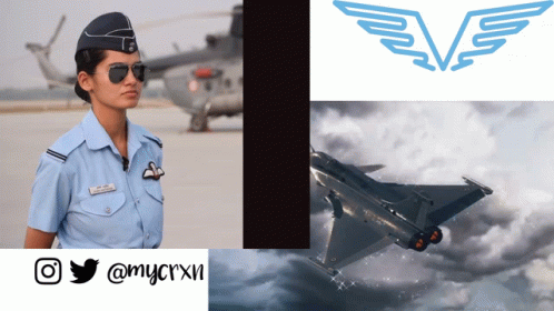 Woman In Blue Uniform In Front Of Helicopter GIF
