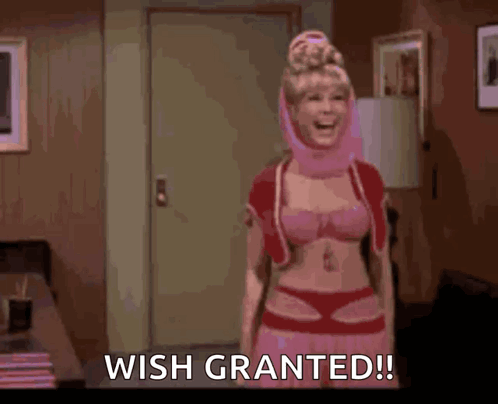 A Woman In A Bra And Skirt Is Standing In A Room With The Words Wish Granted GIF