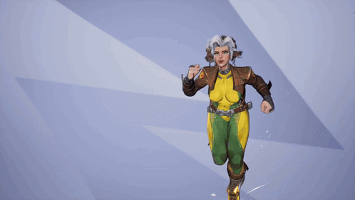 A Woman In A Brown Jacket And Green And Yellow Outfit Has A Belt Around Her Waist GIF