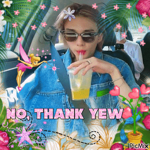 A Woman In A Car Drinking A Drink Through A Straw With The Words No Thank Yew Written Above Her GIF