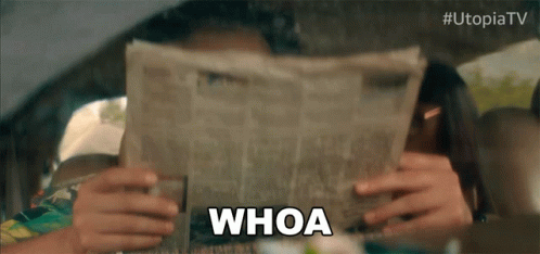 A Woman In A Car Reading A Newspaper With The Word Whoa Above Her Head GIF