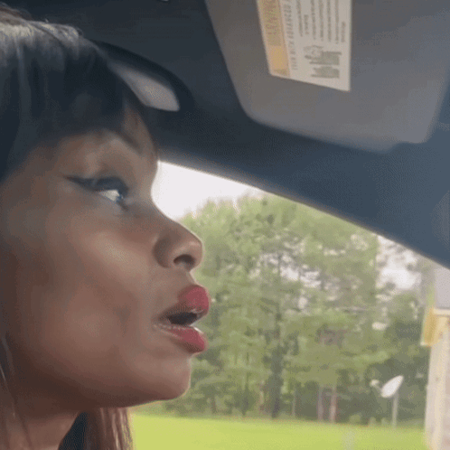 a woman in a car with a sun visor that says " warning " on it