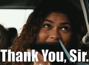 A Woman In A Car With The Words Thank You Sir Written Below Her GIF