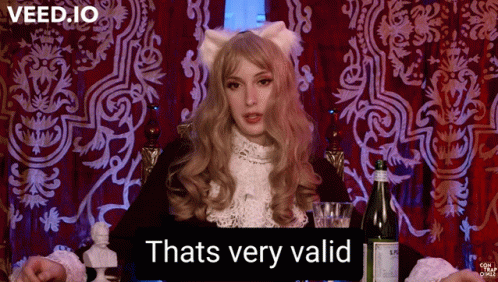 A Woman In A Cat Costume Says " Thats Very Valid " In Front Of A Bottle Of Wine GIF