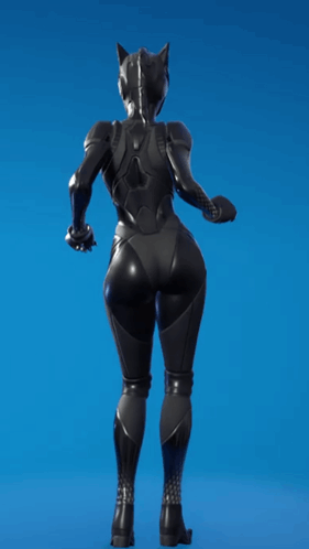 A Woman In A Cat Suit Is Standing On A Blue Background GIF