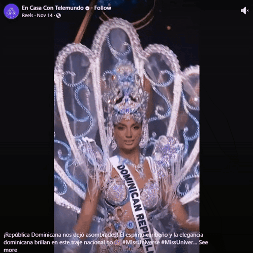 A Woman In A Costume With A Dominican Republic Sash On Her Chest GIF