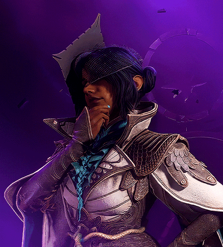A Woman In A Costume With A Purple Background Has Her Hand On Her Chin GIF