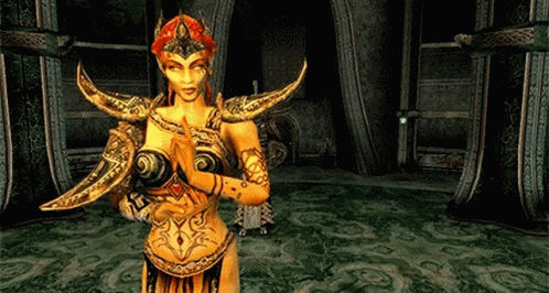 A Woman In A Costume With Horns Is Standing In A Dark Room . GIF