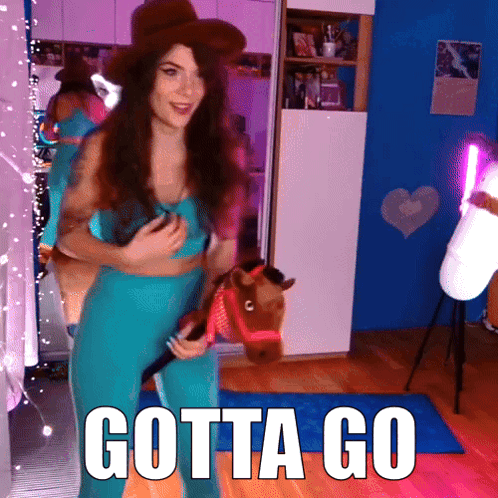 A Woman In A Cowboy Hat Is Holding A Toy Horse With The Words Gotta Go Written On The Bottom GIF
