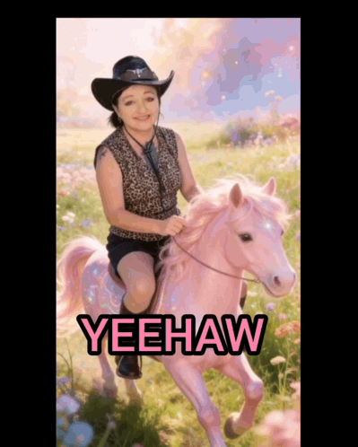 A Woman In A Cowboy Hat Is Riding A Pink Horse That Says Yeehaw On The Bottom GIF