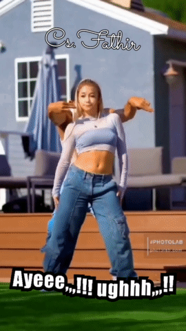 A Woman In A Crop Top And Jeans Is Standing In Front Of A House With The Caption Ayeeee !!! Ughhhh !! GIF