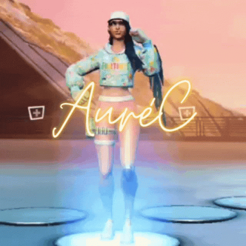 A Woman In A Crop Top And Shorts Stands In Front Of A Sign That Says Aurel GIF