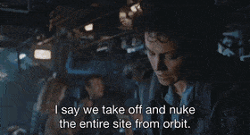 A Woman In A Dark Room With The Words I Say We Take Off And Nuke The Entire Site From Orbit GIF
