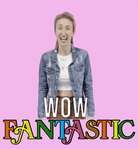 A Woman In A Denim Jacket Is Standing In Front Of The Words Wow Fantastic GIF