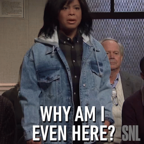 a woman in a denim jacket says " why am i even here snl "