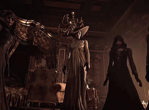A Woman In A Dress And Hat Stands In A Room GIF
