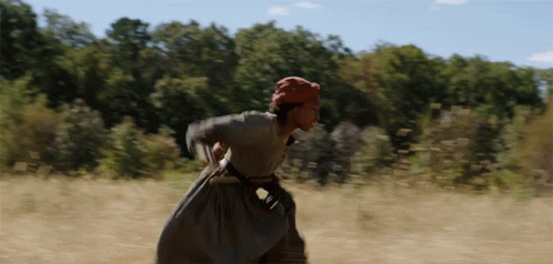 A Woman In A Dress Is Running In A Field GIF