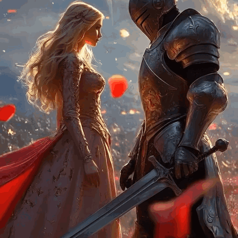 A Woman In A Dress Stands Next To A Knight In Armor With A Sword GIF