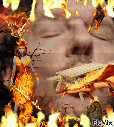 A Woman In A Fire Dress Is Surrounded By Fire And A Dragon GIF