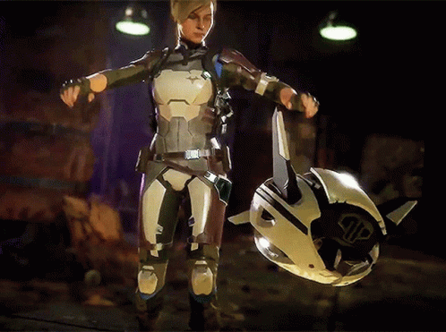 A Woman In A Futuristic Outfit Is Holding A White Object With The Letter G On It GIF