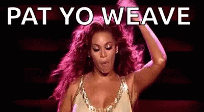 A Woman In A Gold Dress Is Dancing On A Stage With The Words Pat Yo Weave Above Her . GIF