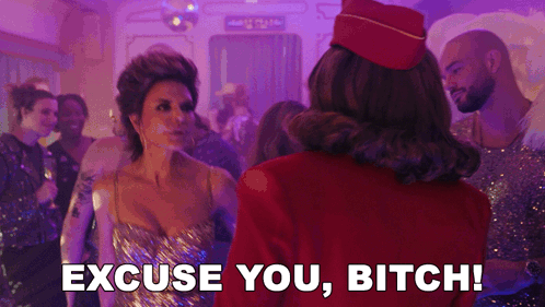 A Woman In A Gold Dress Is Standing Next To A Woman In A Red Hat And Says Excuse You Bitch . GIF