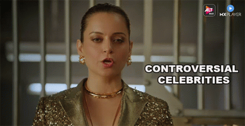 A Woman In A Gold Sequined Jacket With The Words " Controversial Celebrities " Below Her GIF