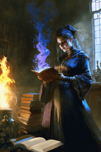 A Woman In A Graduation Cap And Gown Is Reading A Book With Purple Smoke Coming Out Of It GIF