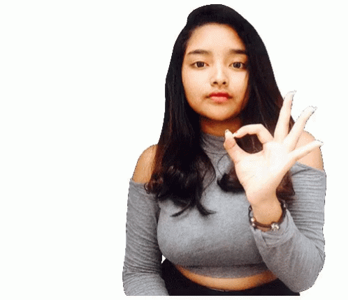A Woman In A Gray Top Is Making An Ok Sign With Her Hands GIF
