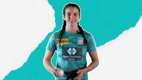 A Woman In A Great Southern Bank Shirt Holds A Baseball GIF