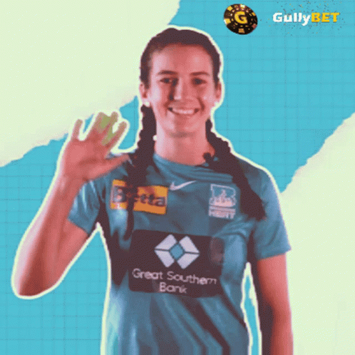A Woman In A Great Southern Bank Shirt Waves Her Hand GIF