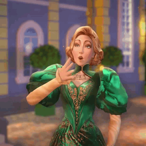 A Woman In A Green Dress And Gloves Is Standing In Front Of A Building GIF